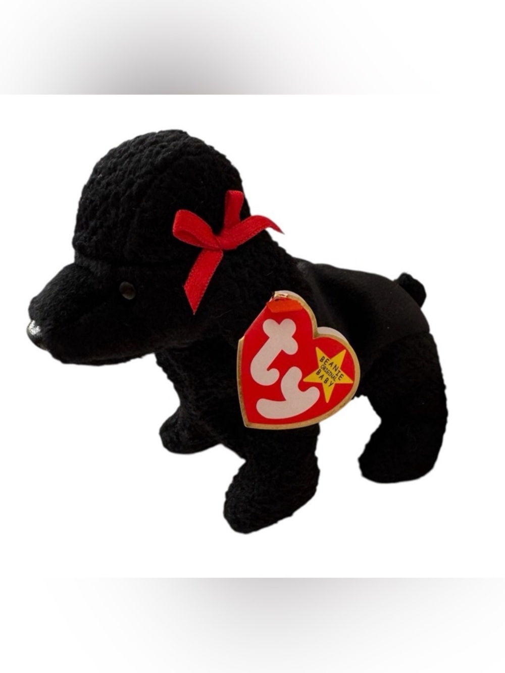 Vintage Beanie Babie GiGi the Black Poodle Dog with Red Bows Plush 1997 NWT